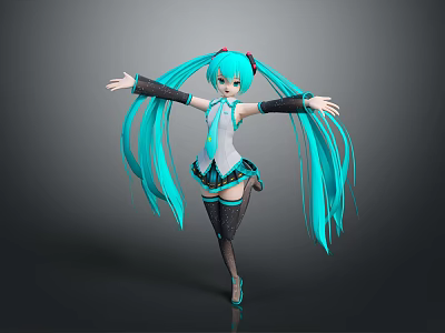 3D Anime Game Character With Teal Twin Tails White Top Black Skirt Arms Outstretched 3d model