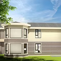 Two Story Detached House Exterior With Brick Siding Large Windows Chimney And Trees