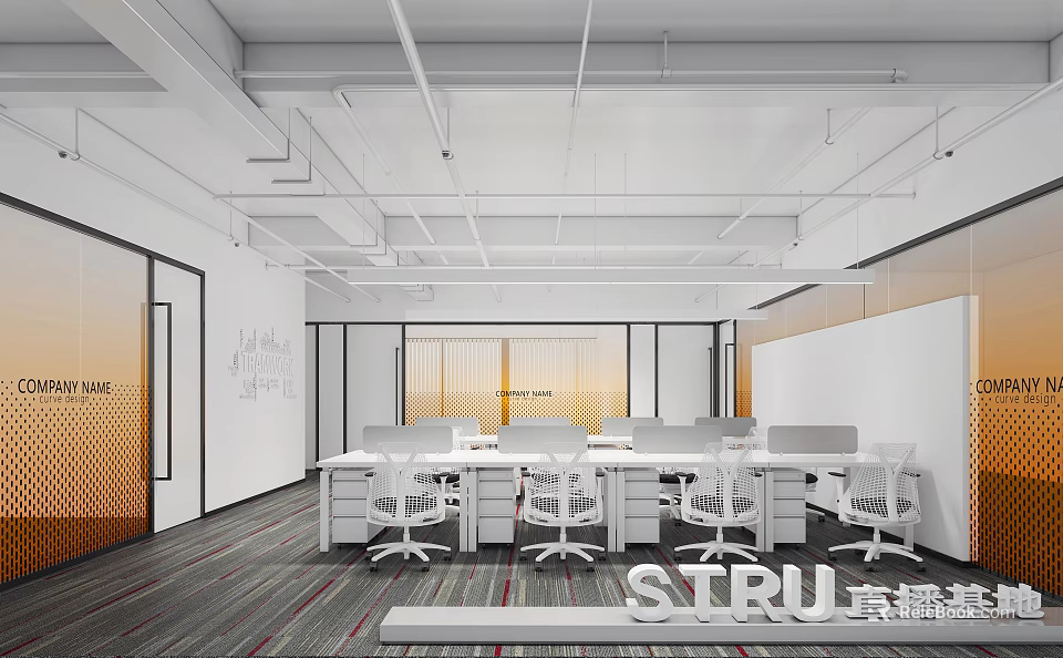 Modern Office Interior With Open Layout White Desks Chairs Gray Carpet And Glass Partitions 3d model 