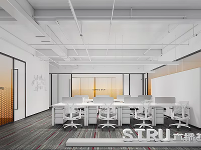 Modern Office Interior With Open Layout White Desks Chairs Gray Carpet And Glass Partitions 3d model