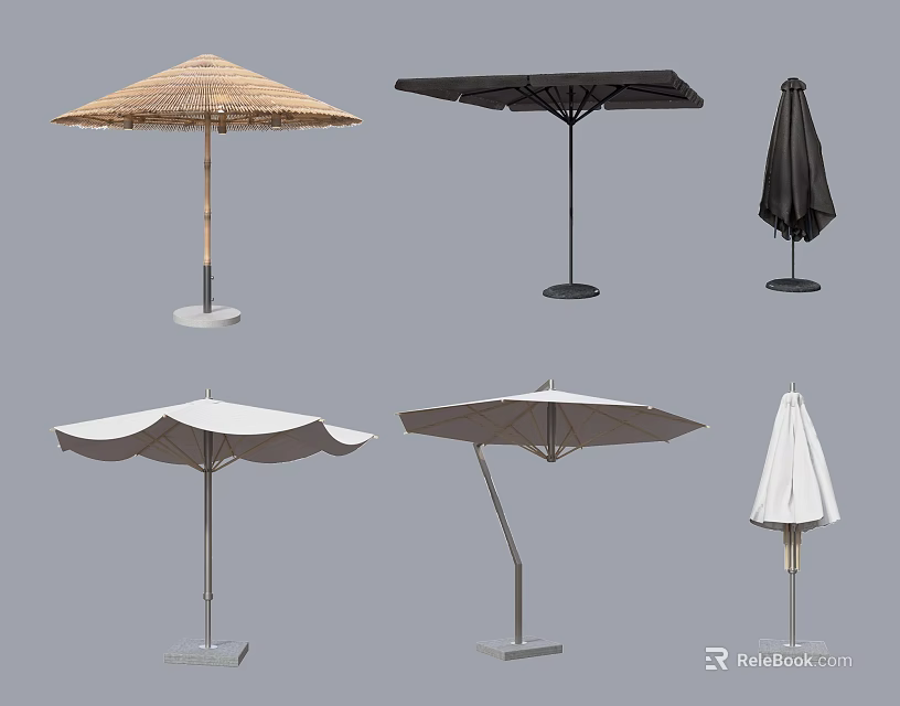 Outdoor Sunshades In Various Styles With Straw Fabric And Multiple Base Designs For Outdoor Use 3d model 