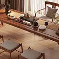 Elegant Traditional Chinese Solid Wood Tea Table and Chairs with Tea Set and Green Plant