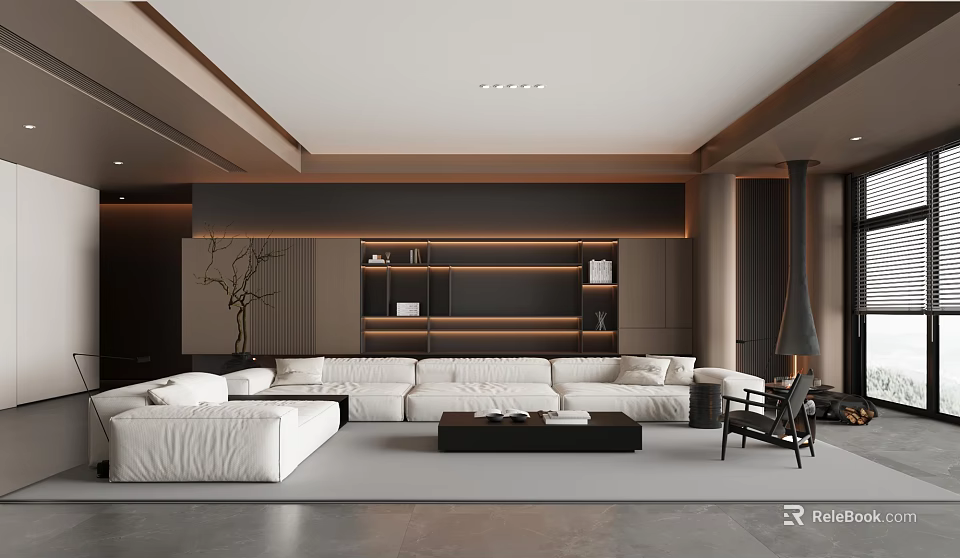Modern Minimalist Living Room With Large White Sectional Sofa And Warm Backlit Built In Shelves 3d model 