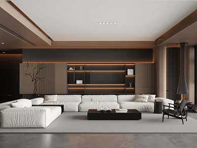 Modern Minimalist Living Room With Large White Sectional Sofa And Warm Backlit Built In Shelves 3d model