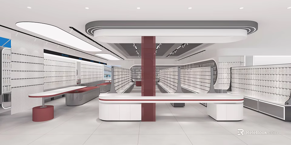 Modern Specialty Store Interior With White Shelves Red Counter And Display Areas 3d model 