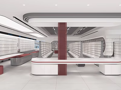 Modern Specialty Store Interior With White Shelves Red Counter And Display Areas 3d model