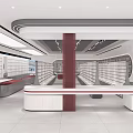 Modern Specialty Store Interior With White Shelves Red Counter And Display Areas