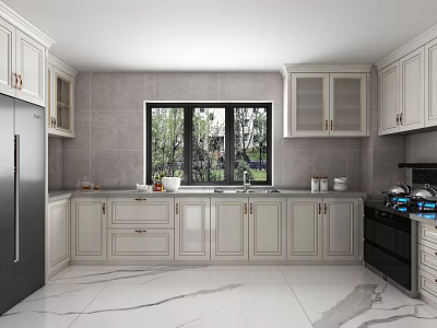 Modern Kitchen Interior With White Cabinets Marble Flooring And Window View 3d model