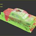 Old Red Rusty Car Model With Body Hole On Grass And Dirt Covered Base
