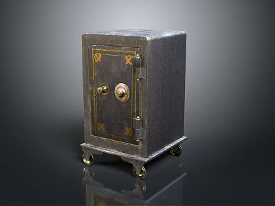 Vintage Safe with Gold Accents Lock on Door and Wheels Dark Finish Classic Design 3d model
