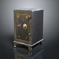 Vintage Safe with Gold Accents Lock on Door and Wheels Dark Finish Classic Design