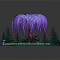 Enchanted Forest Scene With Purple Willow Tree Green Pine Trees Grass Mushrooms And Small Flowers