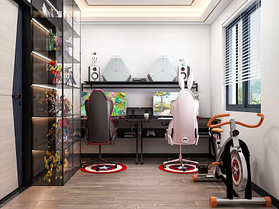 Gaming Room Setup With Black Pink Gaming Chairs Computer Monitors Figurine Shelf And Exercise Bike 3d model