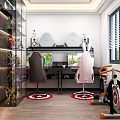 Gaming Room Setup With Black Pink Gaming Chairs Computer Monitors Figurine Shelf And Exercise Bike