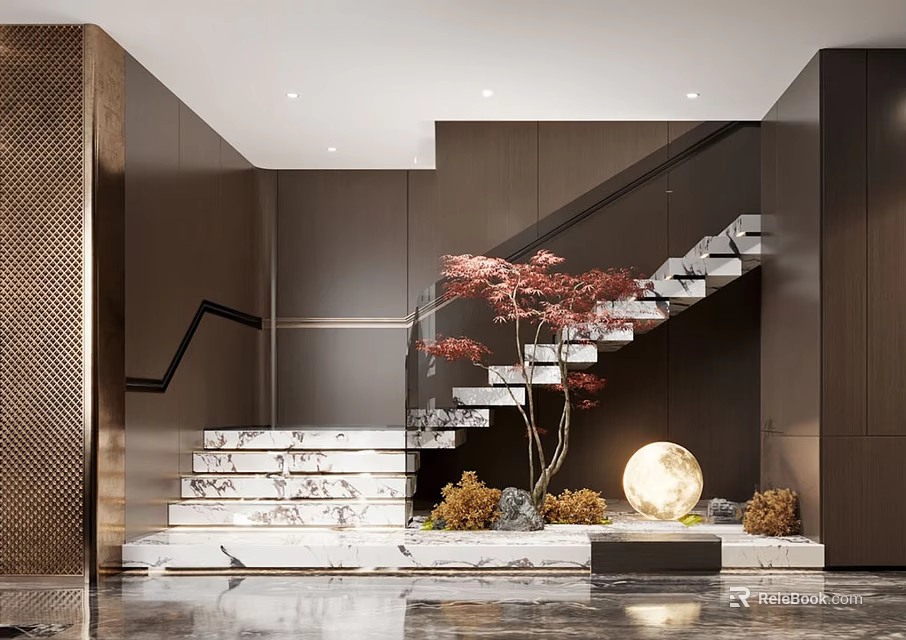 Modern Interior Design With Staircase Marble Steps Red Maple Tree And Round Glowing Light 3d model 