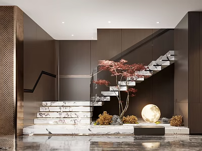 Modern Interior Design With Staircase Marble Steps Red Maple Tree And Round Glowing Light 3d model