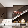 Modern Interior Design With Staircase Marble Steps Red Maple Tree And Round Glowing Light 3d model
