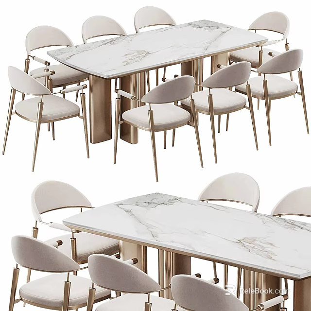 Modern Dining Table Set With Marble Tabletop Metal Legs And Upholstered Chairs 3d model 