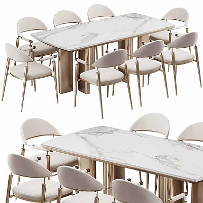 Modern Dining Table Set With Marble Tabletop Metal Legs And Upholstered Chairs 3d model