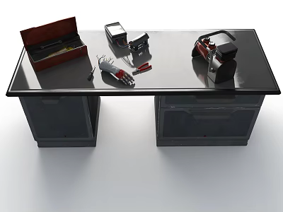 Industrial Equipment Workbench Setup With Toolbox Wrench And Machinery Tools 3d model