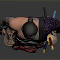 Man with One Shoulder Exposed Tattooed Arm Red Waist Belt Sword and Wooden Clogs Standing