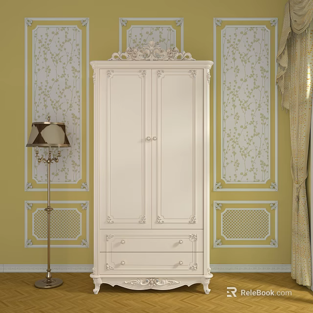 Traditional White Wardrobe with Carved Accents and Drawers by Yellow Patterned Walls and Floor Lamp 3d model 