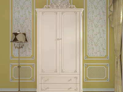 Traditional White Wardrobe with Carved Accents and Drawers by Yellow Patterned Walls and Floor Lamp 3d model
