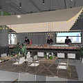 Modern Restaurant Interior With Chefs At Counter String Lights Greenery Wall And Wooden Furniture