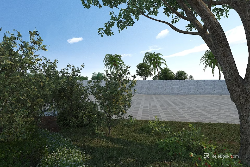 Garden Landscape With Blue Sky White Clouds Palm Trees Bushes Grass And Paved Ground 3d model 