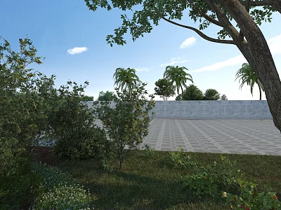 Garden Landscape With Blue Sky White Clouds Palm Trees Bushes Grass And Paved Ground 3d model