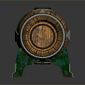 Wooden Barrel With Wooden Texture Green Metal Stands And Metal Bands