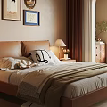 Warm Toned Bedroom Interior With Wooden Bed Table Lamps Decorative Paintings And Round Rug