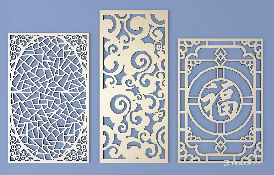 Intricately Carved Decorative Windows with Various Traditional Swirls Geometric Patterns and Fortune Character 3d model 