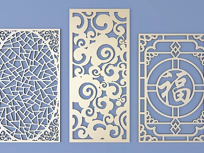 Intricately Carved Decorative Windows with Various Traditional Swirls Geometric Patterns and Fortune Character 3d model