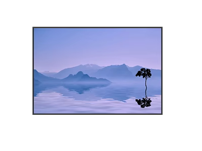 Serene Landscape Painting With Purple Sky Calm Water Mountain Reflections And Lone Tree 3d model