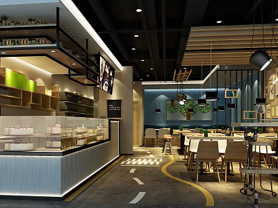 Modern Milk Tea Shop Interior With Wooden Tables Display Cabinets And Hanging Lights 3d model