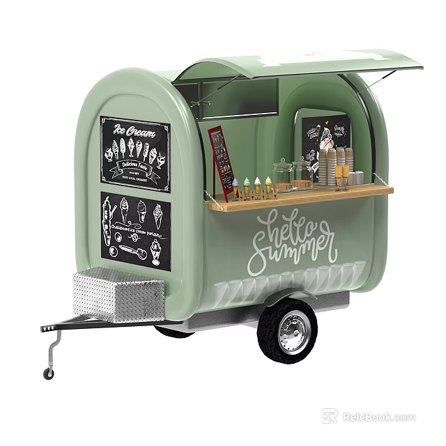 Light Green Mobile Commercial Food Cart With Chalkboard Menu For Serving Drinks And Snacks 3d model 