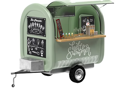 Light Green Mobile Commercial Food Cart With Chalkboard Menu For Serving Drinks And Snacks 3d model