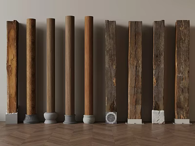 Various Wooden Columns With Different Textures And Base Designs On Herringbone Floor 3d model
