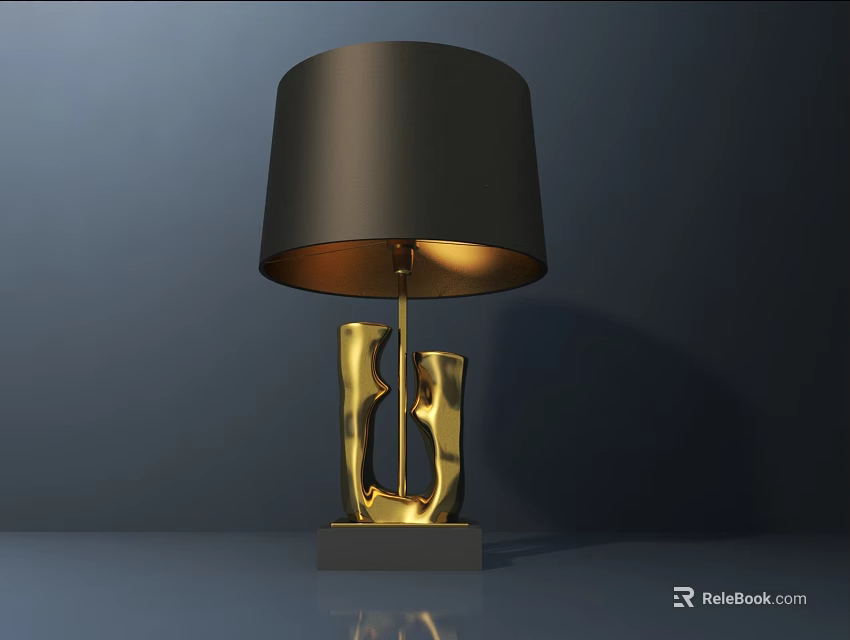 Modern Table Lamp with Black Fabric Shade and Golden Sculptural Base Warm Illumination 3d model 