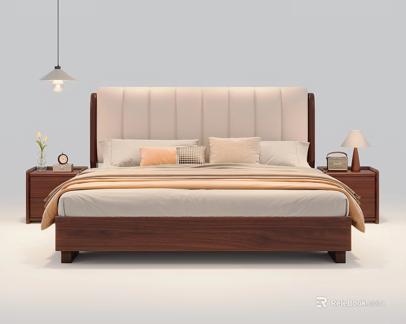Double Bed with Upholstered Headboard and Wooden Frame Flanked by Nightstands with Table Lamps and Pillows 3d model 
