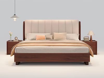 Double Bed with Upholstered Headboard and Wooden Frame Flanked by Nightstands with Table Lamps and Pillows 3d model