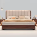Double Bed with Upholstered Headboard and Wooden Frame Flanked by Nightstands with Table Lamps and Pillows