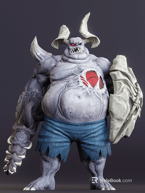 Horned Muscular Gray Game Movie Character With Red Chest Mark And Blue Torn Pants 3d model 