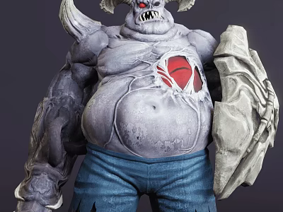 Horned Muscular Gray Game Movie Character With Red Chest Mark And Blue Torn Pants 3d model
