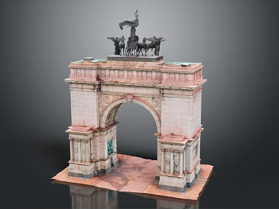 Detailed Scenic Historical Arch Model Featuring Stone Structure and Black Horse Statues 3d model