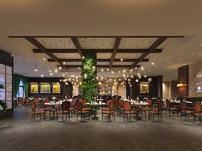 Elegant Restaurant Interior With Chandeliers Dining Tables Living Plant Wall And Decorative Paintings 3d model