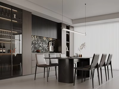 Modern Open Restaurant Interior Design With Dining Table Chairs And Pendant Lights 3d model