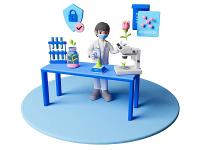 Scientist Conducting Chemistry Experiment With Microscope Test Tubes Flower And Safety Shield 3d model