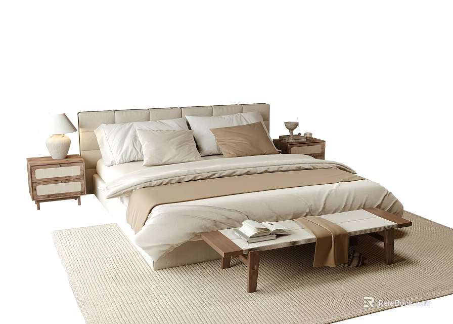 Modern Double Bed Interior With Beige Sheets Pillows Bedside Tables Lamps Bench And Rug 3d model 